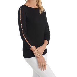 3/4 Sleeve Boat Neck Top with Rhinestone Open Sleeve